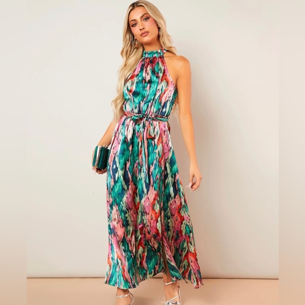COPY - 5 for $25! 💕 SHEIN Clasi Allover Print Split Thigh Belted Halter Dress
